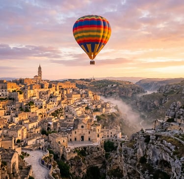 Colorful hot air balloon flying over ancient Sassi di Matera at sunrise in Southern Italy