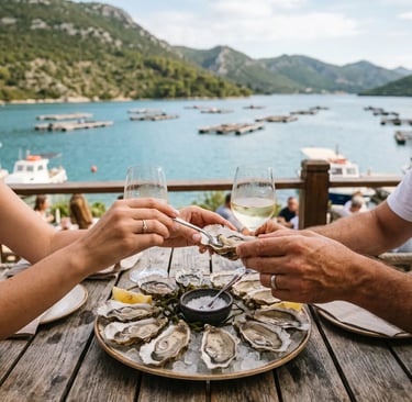 Couple toasting with oysters and white wine above Mali Ston Bay oyster farms, Croatia
