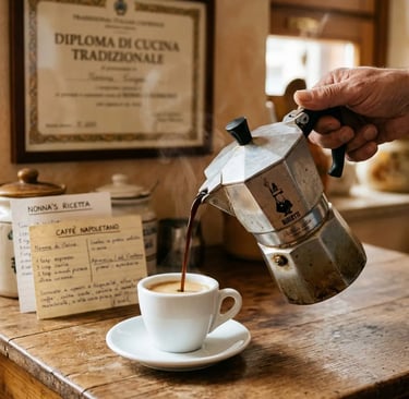 Traditional Moka pot pouring Neapolitan coffee with cooking diploma and recipes in background