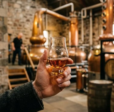 Hand holding Glencairn glass with amber single malt whisky inside a Scottish distillery.