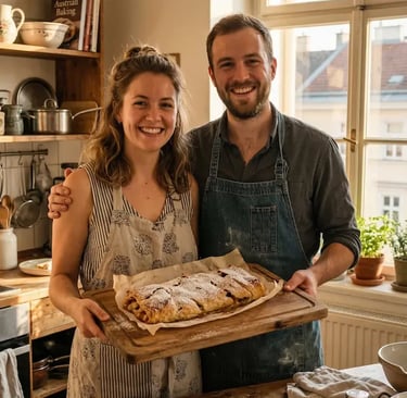 A smiling couple in aprons holding a freshly baked Apple Strudel on a wooden board in a cozy Vienna cooking class kitchen