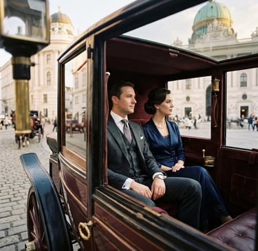 Well-dressed couple seated in private horse-drawn carriage Vienna