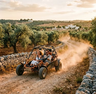 Couple driving orange buggy on dusty Puglia trail through olive groves at golden hour