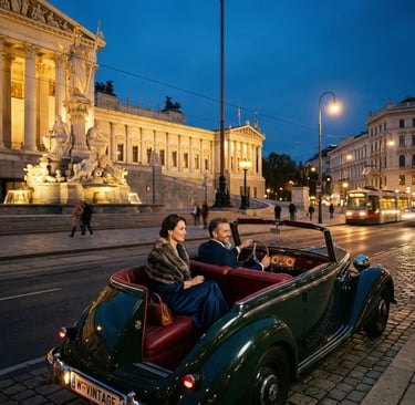 Elegant couple riding vintage convertible Oldtimer in front of illuminated Vienna Parliament and Athena Fountain