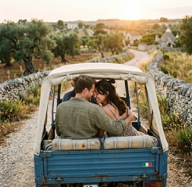 Couple embracing in Ape Calessino riding through Itria Valley at golden hour