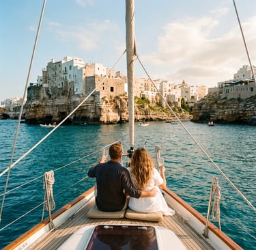 Couple sitting on sailboat bow facing Polignano a Mare white cliffs, turquoise Adriatic Sea