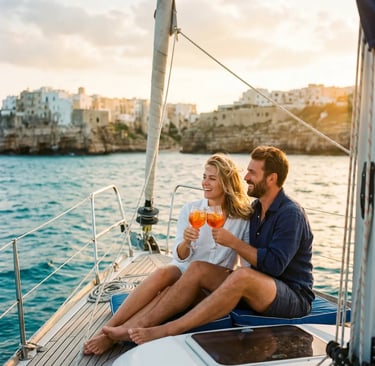 Couple toasting with Aperol Spritz on sailboat, Polignano a Mare cliffs in background