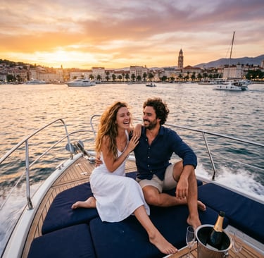Couple laughing on boat deck at sunset with Split waterfront and cathedral in background