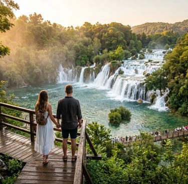Couple holding hands at Krka waterfall, turquoise pools, golden morning light, Croati