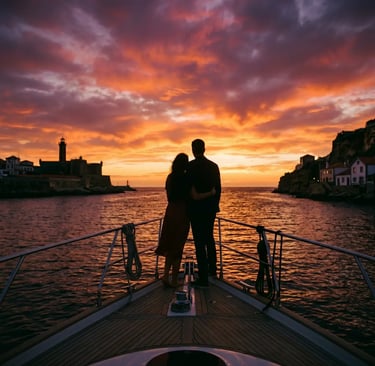 Couple standing at the bow of a luxury yacht watching the Atlantic sunset in Porto.