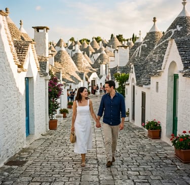 Couple walking hand in hand through trulli streets of Alberobello Puglia
