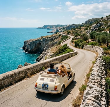 Couple driving cream Fiat 500 Spiaggina along winding Puglia coastline on vintage car tour