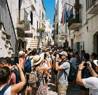 Packed narrow whitewashed alley in Polignano a Mare old town full of tourists with phones and cameras