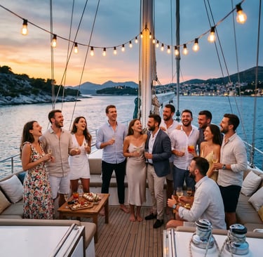 Group of friends laughing on private sailboat deck with string lights at twilight