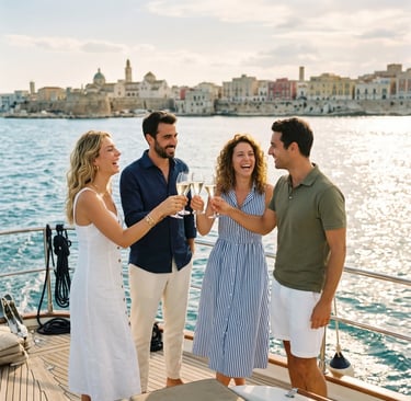 Four friends laughing and clinking Prosecco glasses on yacht deck with Bari old town behind