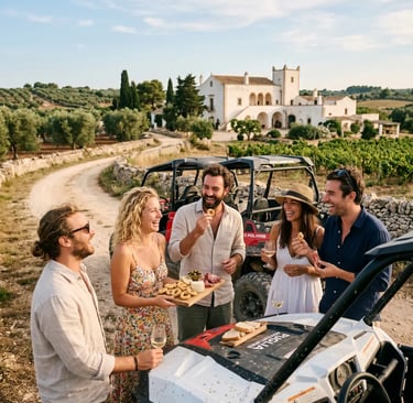 Group of friends enjoying local food and wine beside buggies in front of Puglia masseria