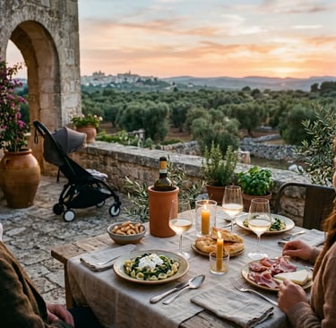 Stone terrace dinner table with orecchiette, wine and olive grove views at dusk in Puglia