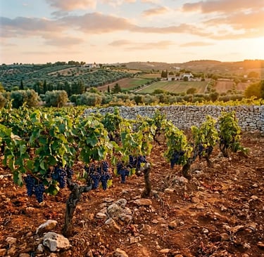 Ancient Primitivo bush vines with dark grape clusters on red terra rossa soil in Puglia at sunset