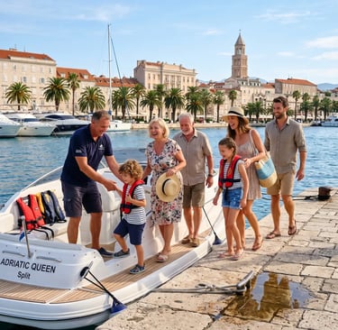 Multi-generation family boarding private speedboat at Split harbor for Brač family tour