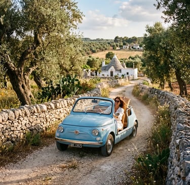 Woman driving a pale blue vintage Fiat 500 Spiaggina on a countryside road with olive trees in Puglia