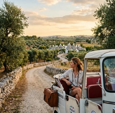 Woman seated in Ape Calessino overlooking Itria Valley trulli at golden hour