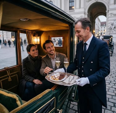 Butler in white gloves presenting Sachertorte and champagne to couple