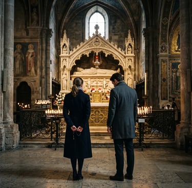 Couple in private reverence before Catholic altar and tomb in Italy