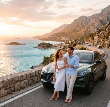 Couple smiling by luxury car on Dalmatian coastal road, Adriatic sea and mountains sunset