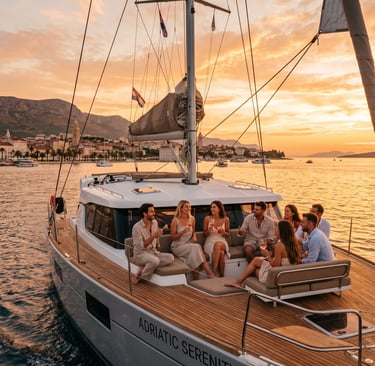 Private luxury sailboat party cruising Split Croatia coastline at golden hour sunset