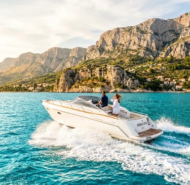 White speedboat Adria Star speeding through turquoise Adriatic with limestone cliffs behind