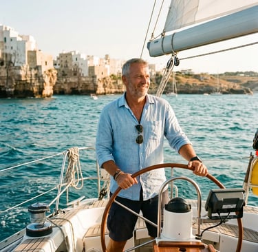Smiling skipper in linen shirt at helm, Polignano a Mare old town visible behind