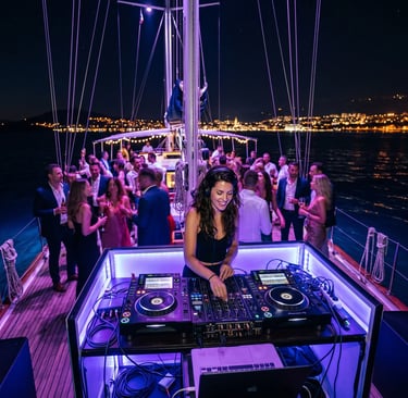 Live DJ performing on private sailboat deck at night during Split boat party experience