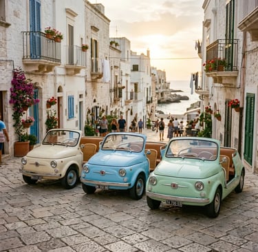 Three pastel vintage Fiat 500 Spiaggina cars parked on a cobblestone street in Polignano old town
