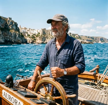 Experienced Italian skipper steering wooden boat near Castro Puglia limestone cliffs
