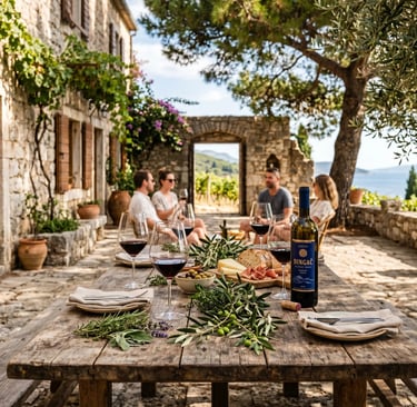 Group tasting red wine at rustic stone courtyard table with vineyard sea view