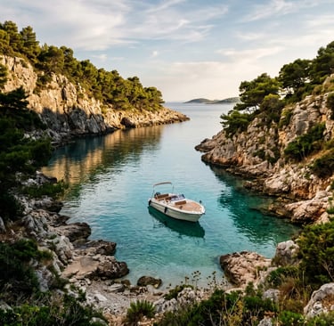 White speedboat anchored alone in secluded rocky cove, Pakleni Islands, Croatia