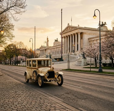 Cream vintage Oldtimer car driving along Vienna Ringstraße past Austrian Parliament Building at sunrise