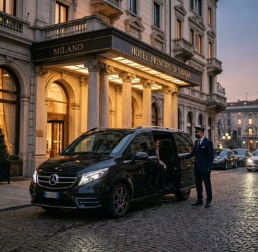 Uniformed driver opening black Mercedes V-Class door at Hotel Principe di Savoia Milan