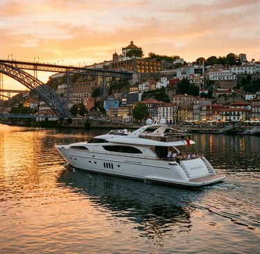 White luxury yacht cruising Douro River at sunset with Porto Ribeira skyline and Dom Luís Bridge.