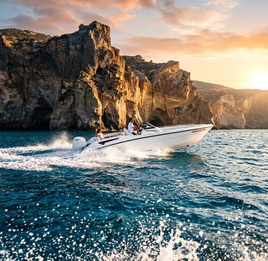 White speedboat cruising past volcanic cliffs at golden hour near Milos, Greece coastline