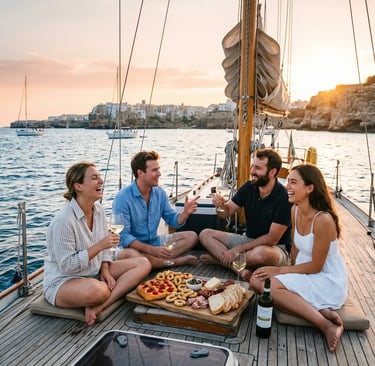 Group of friends drinking wine and eating local food on sailboat deck at golden hour Puglia