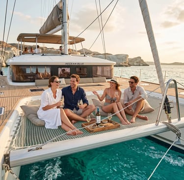 Four travelers enjoying wine on Aegean Blue catamaran bow netting near Kleftiko cliffs Milos