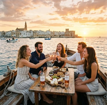 Group of friends laughing and toasting wine on a boat at sunset with Monopoli old town behind