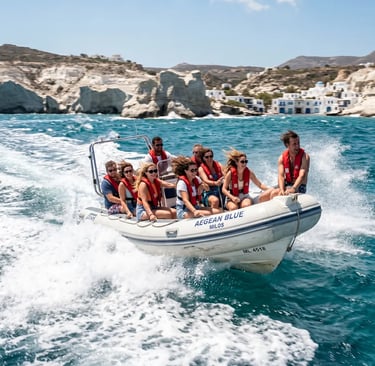 Group of tourists in life jackets on speedboat tour passing white cliffs of Milos Greece
