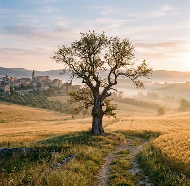 Solitary elm tree in Italian countryside near Pietrelcina at dawn