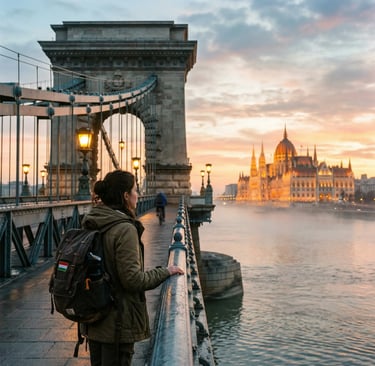Female traveler with backpack on Budapest Chain Bridge at sunrise with Parliament