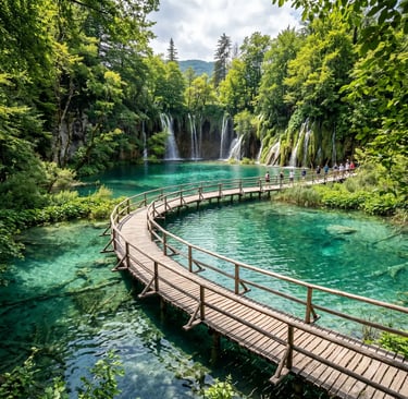 Wooden boardwalks over turquoise lakes and waterfalls at Plitvice Lakes National Park in Croatia