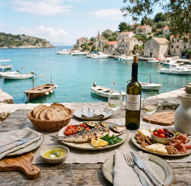 Grilled fish, local cheese and Pošip white wine on rustic table by Adriatic sea