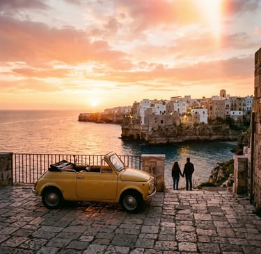 Yellow vintage Fiat 500 Spiaggina parked at Polignano a Mare sunset viewpoint with couple nearby