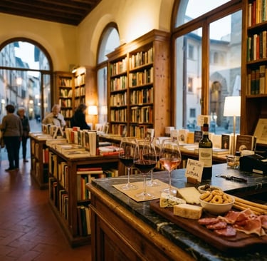 Wine glasses with charcuterie and cheese inside Libreria Liberrima bookstore bar in Bari, Puglia